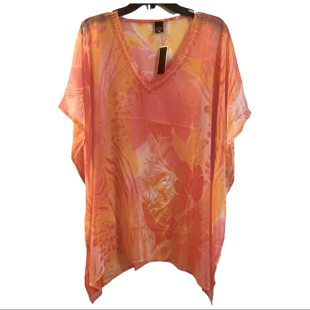 Kimono Peach Floral Sheer Blouse OSFM